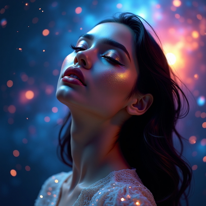 AI-generated photo: Photorealistic high-fashion space portrait photography. The image is a tight vertical close-up from ...