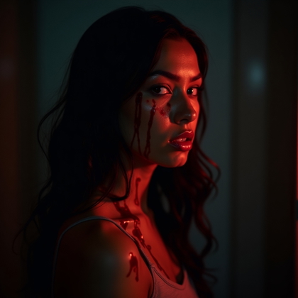 Blood-Streaked Final Girl Close-Up example: Cinematic horror portrait photo, profile/avatar crop with the survivor framed from shoulders up, looking slightly off-ca