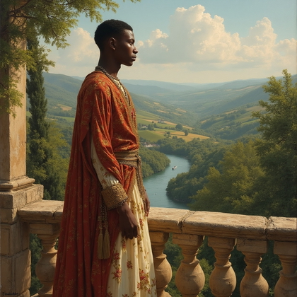 AI-generated photo: Renaissance oil painting. A captivating depiction of a young noble at a countryside estate, surround...
