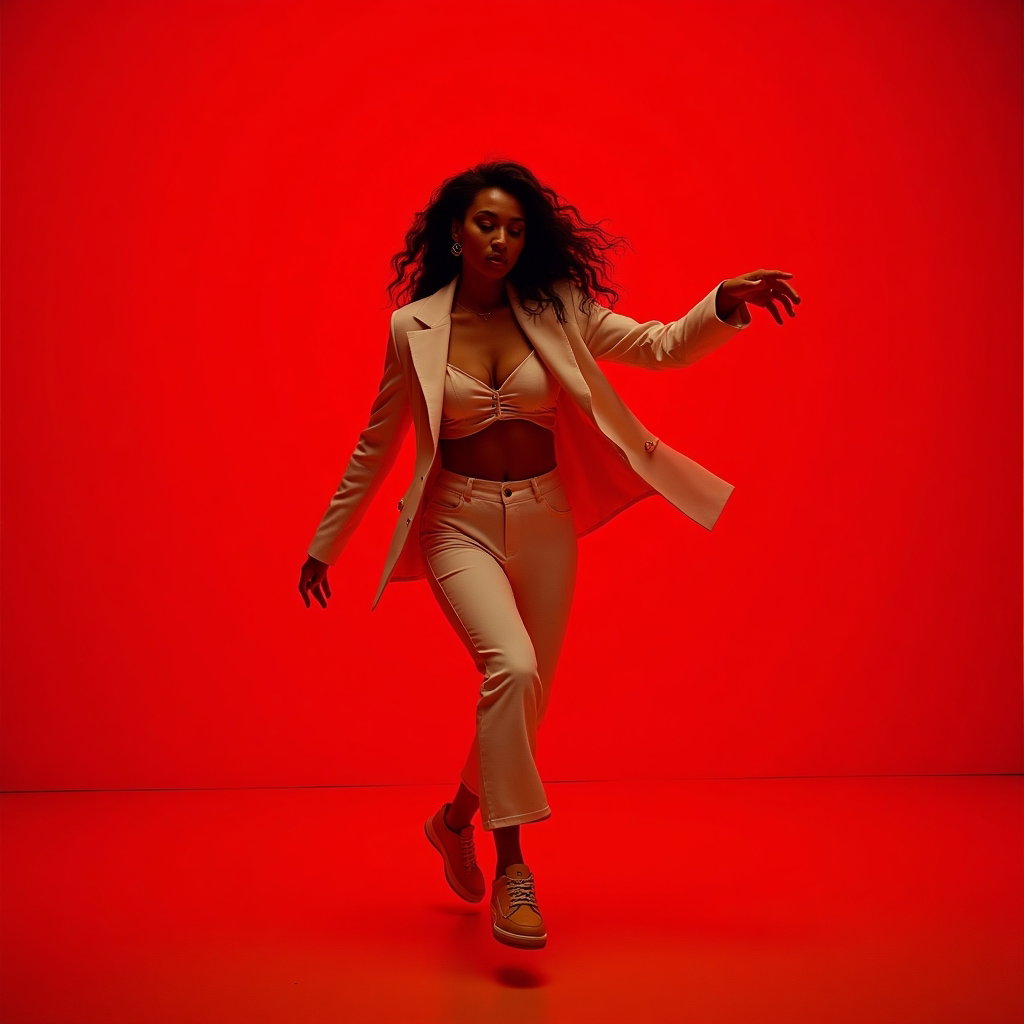 Clean Pop Album Cover Photos That Avoid Clutter example: Photorealistic pop album cover photo. Motion/action cover image with the subject captured mid-step on a clean colored st