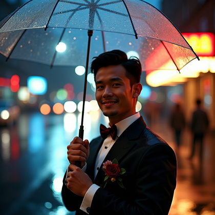 AI-generated photo: Photorealistic wedding photo; on a rain-dappled city street at night beneath a clear umbrella, the s...