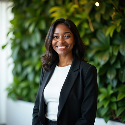 Professional headshot. Biophilic office portrait positioned before a lush living wall, the greenery softly defocused to suggest depth while indirect daylight paints a fresh, contemporary tone. Subject stands slightly off-center with the torso angled subtly toward camera, blazer open over a clean business top and posture upright yet relaxed for confidence without stiffness. Compose chest-up with subtle white-floor bounce lifting the jawline and a faint edge light to carve a refined silhouette without overpowering the scene.