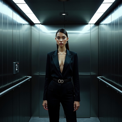 AI-generated photo: Photorealistic fashion portrait photo inside a brushed-metal mirrored elevator where the subject sta...