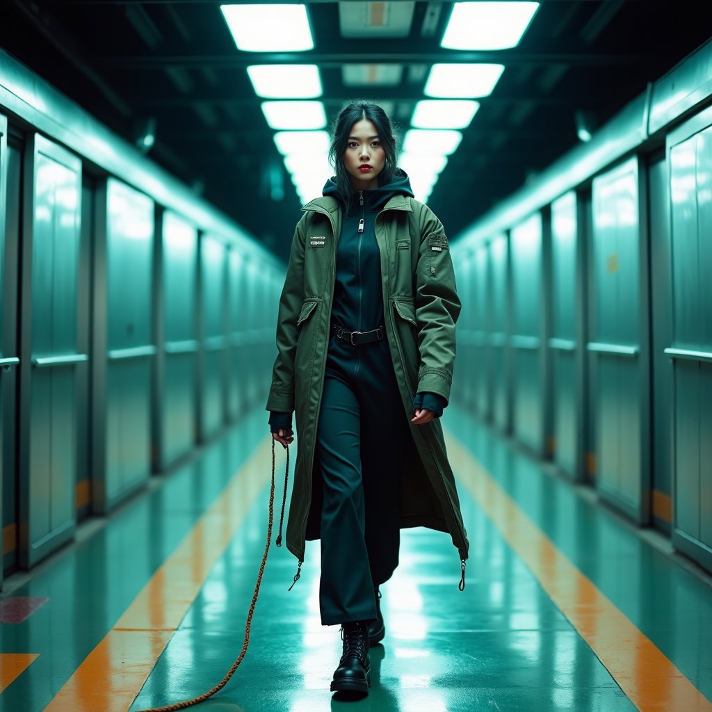 Hanbok-Inspired Demon Hunter Portrait example: Cinematic K-pop fantasy portrait photo. Full-body portrait on a deserted futuristic subway platform, the subject walking