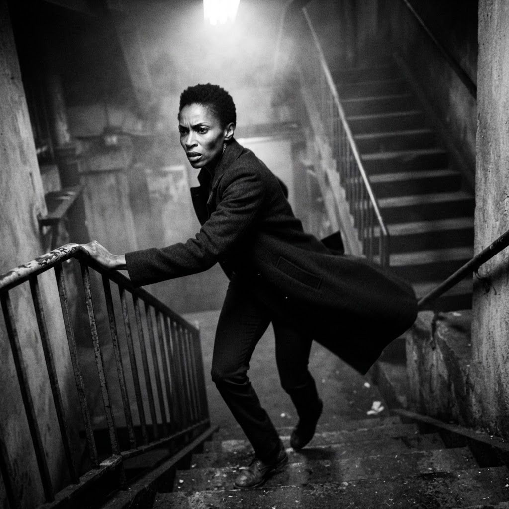 Stairwell Escape: Black-and-white film noir personal photo in a narrow concrete stairwell, the solo figure sprinting upward with one hand clamped to the metal…