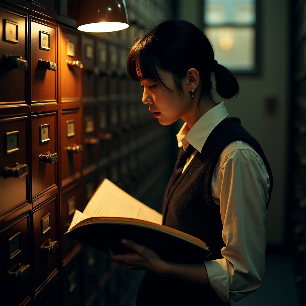 Archive Drawer: Close investigative personal photo in a dim archive room, one visible person leaning beside an antique oak filing cabinet with two drawers…