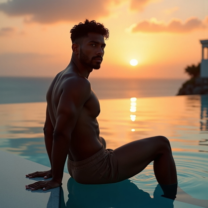 Wet-Hair Post-Swim Portrait example: Photorealistic editorial photography. Hero image with the subject posed at the edge of an infinity pool overlooking the