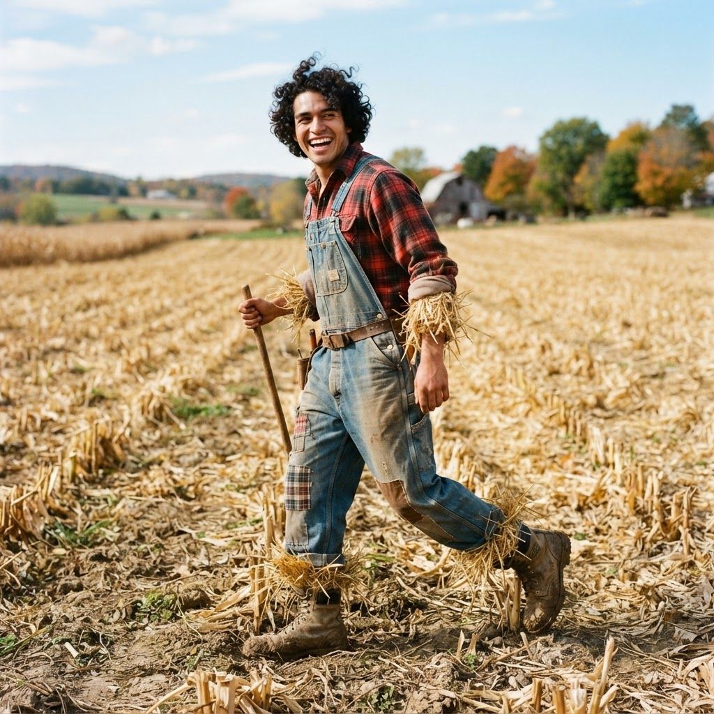 Patchwork Scarecrow in a Golden Field: Full-length candid-style photo crossing a strip of golden field stubble, captured mid-step as he looks back with a grin.