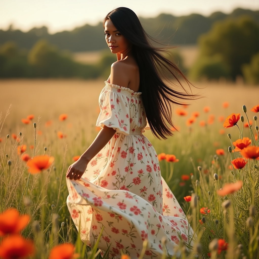 Demi-tour dans la prairie : photo chaleureuse de prairie à la campagne, avec une seule personne visible au milieu d’un demi-tour entre de hautes herbes et des coquelicots épars, une main soulevant doucement l’ourlet d’une…