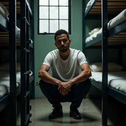 AI-generated photo: Photorealistic prison portrait photography, person sitting on the lower bunk with feet flat on the c...