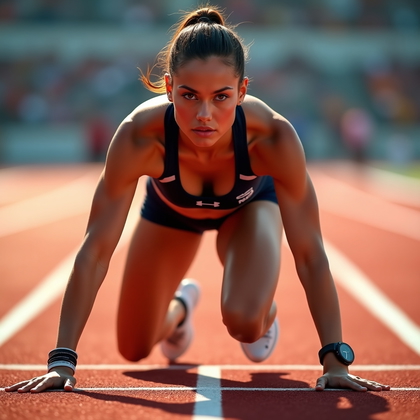 AI-generated photo: Photorealistic fashion sports photography capturing a dynamic sprint stance in the starting blocks, ...