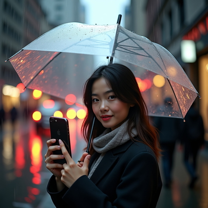 Photorealistic lifestyle selfie photo on a rain-glossed city street under a transparent umbrella, reflections of storefronts and streetcar lines rippling across the wet asphalt and a moody overcast sky creating soft, flattering light. The phone is held close yet off-center to preserve an unobstructed face, with a tailored coat, subtle scarf, and inviting expression; background taillights streak into gentle bokeh while signage glows warmly behind. Framing is from the chest up with a slight tilt for dynamism and a romantic, cinematic drizzle that adds just a few droplets to the umbrella for texture.