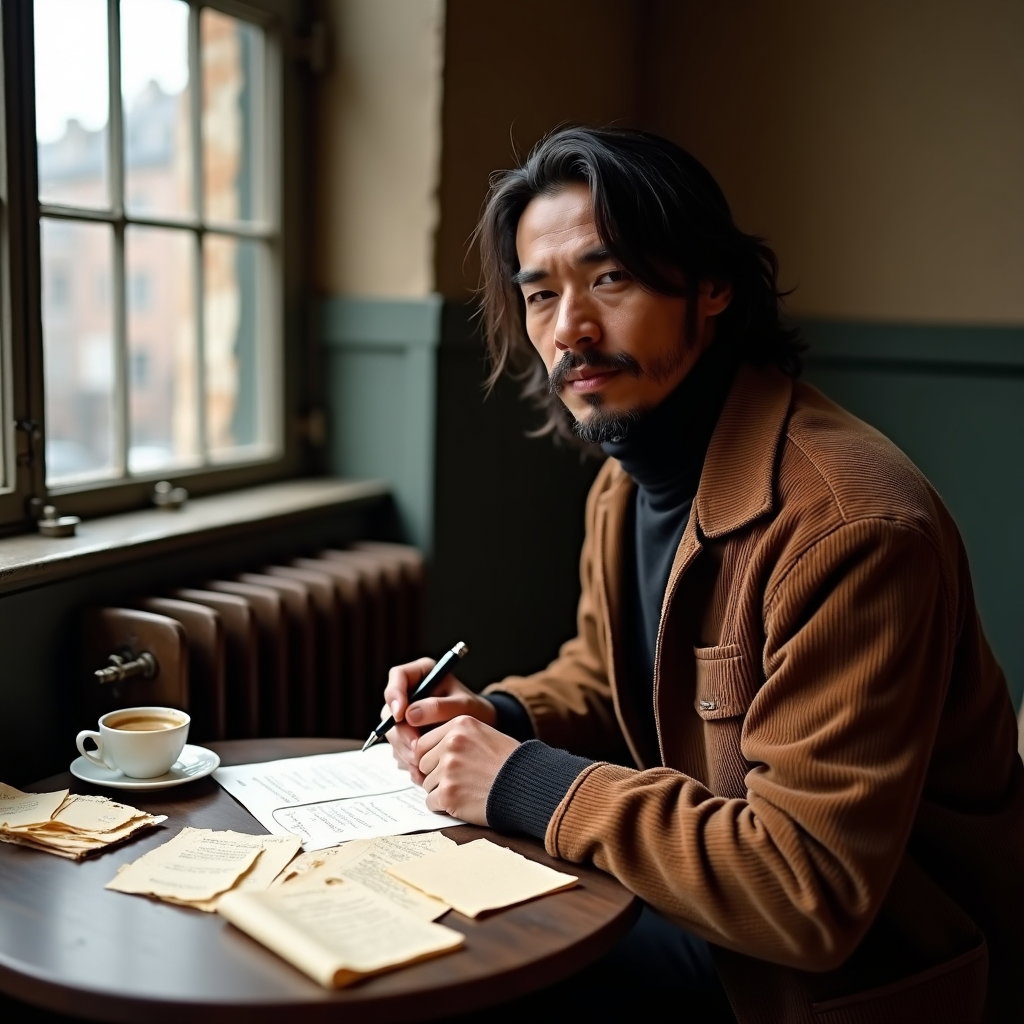 Coffee-and-Notes Corner: Three-quarter personal photo of one visible person at a small café table beside an old radiator, wearing a dark turtleneck under an…