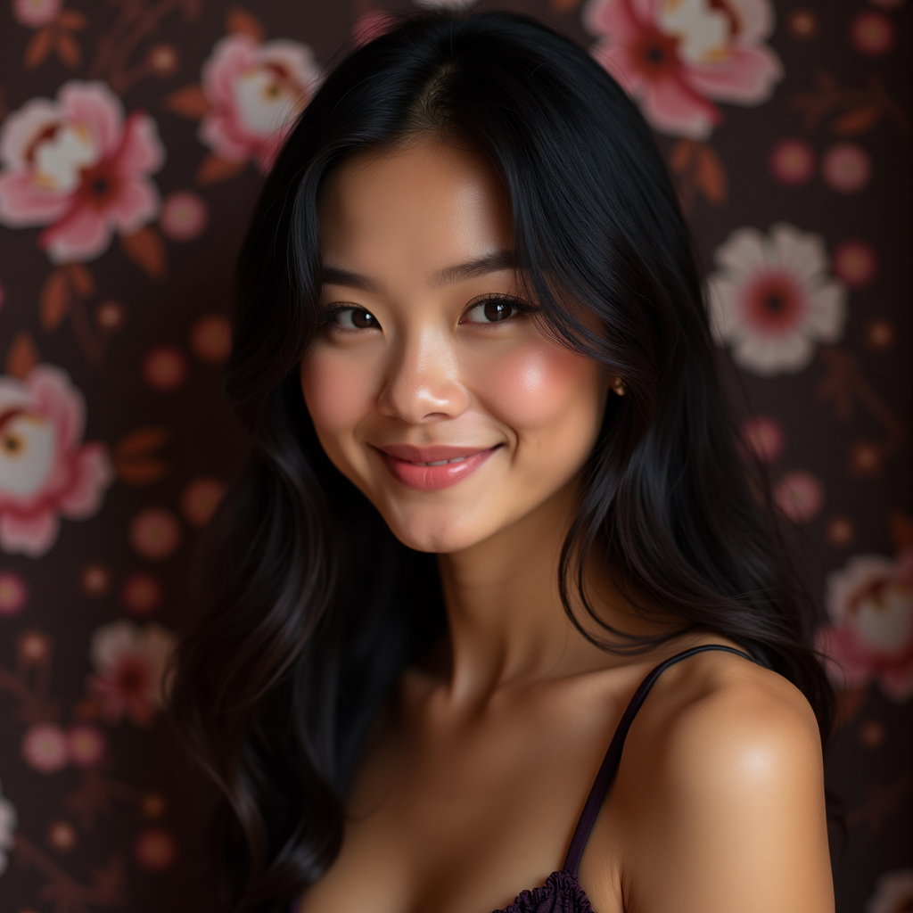 Soft Gothic Morning Portrait example: Dating profile photo. Profile/avatar crop with the subject framed against dark floral wallpaper, face centered and clear