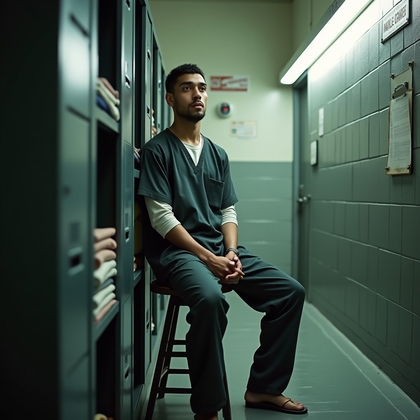 AI-generated photo: Photorealistic freshly processed prison portrait inside a small search room, the subject seated on a...