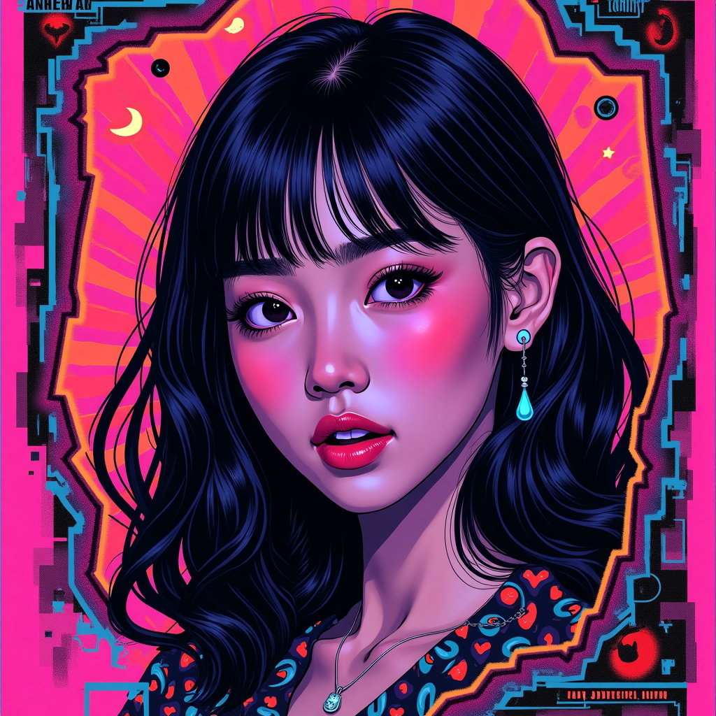 Neon Stage Warrior Close-Up example: Neon cyber-fantasy K-pop album-cover illustration. Unexpected creative variation styled as a torn glowing concert flyer