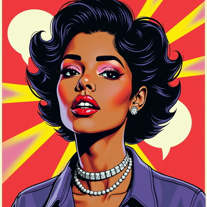 Pop Art screenprint portrait: bold, flat color planes with halftone shadows form a tight bust composition against a repeating graphic motif of oversized speech bubbles and lightning bolts, the figure facing forward with a direct, upbeat expression and a crisp outline separating subject from background. A limited CMYK palette is punched up with fluorescent spot colors and metallic ink accents at the collar and jewelry line, producing punchy contrast and poster-like impact. Overprint textures and slight misregistration create authentic screenprint imperfections that feel energetic and tactile, while the face is kept clean and legible for immediate recognition. The composition employs dynamic diagonals and cropped typography edging into the frame, suggesting motion and sound. Silkscreen layers are stacked from light to dark with stencil-like simplification of garments, keeping the portrait iconic and high-impact.