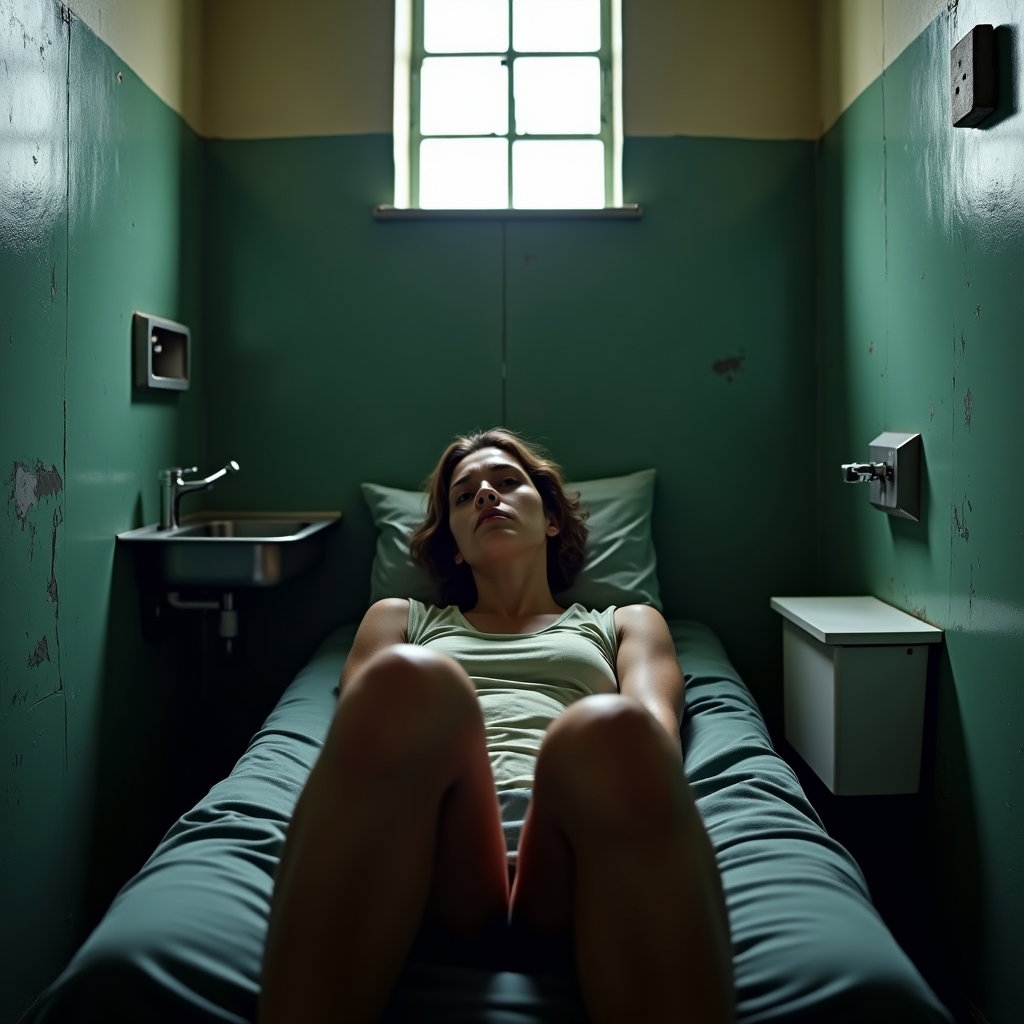 AI-generated photo: Photorealistic prison portrait photograph, the person is half-reclined against the slanted concrete ...