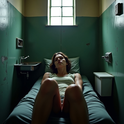 AI-generated photo: Photorealistic prison portrait photograph, the person is half-reclined against the slanted concrete ...