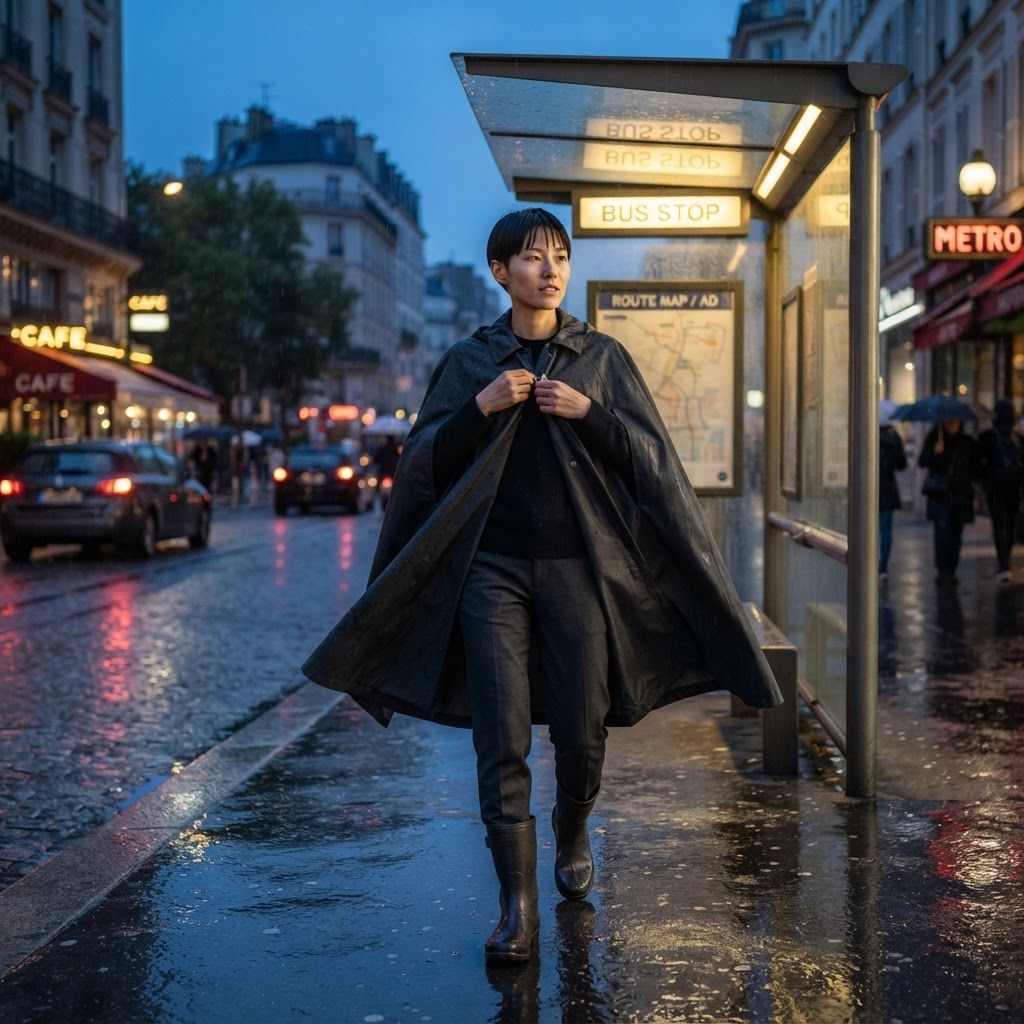 Rain-Swept Cape Commute: A solo full-length portrait passing an empty city bus shelter at blue hour.