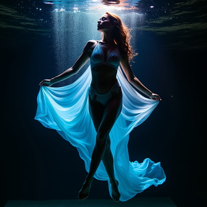AI-generated photo: Photorealistic underwater portrait photography, an elaborate, high-fashion rim-light portrait shot i...