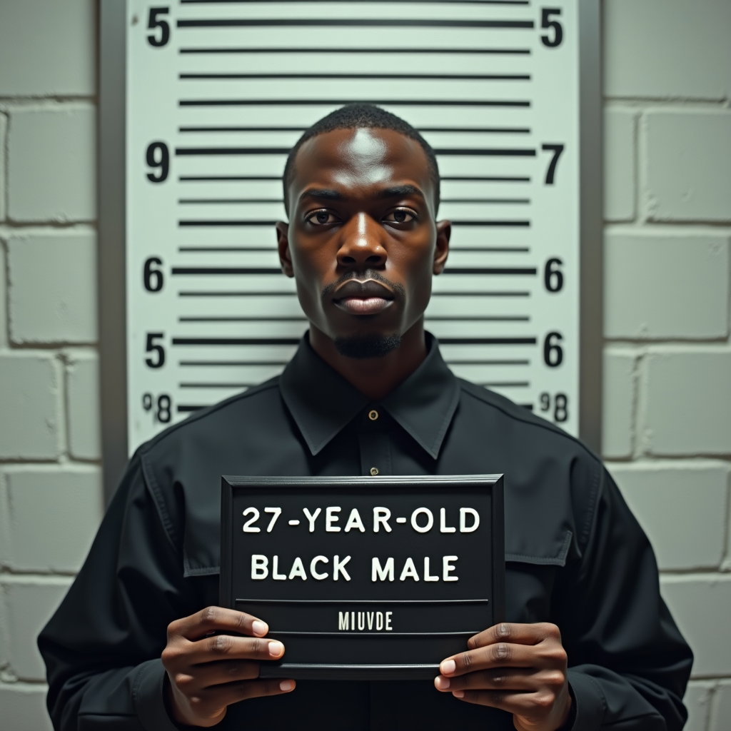 AI-generated photo: Photorealistic fashion editorial booking photo, straight-on mugshot style, the subject centered agai...
