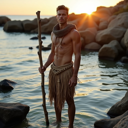 AI-generated photo: Photorealistic lifestyle photograph of a rocky shoreline at golden hour where the subject stands cal...