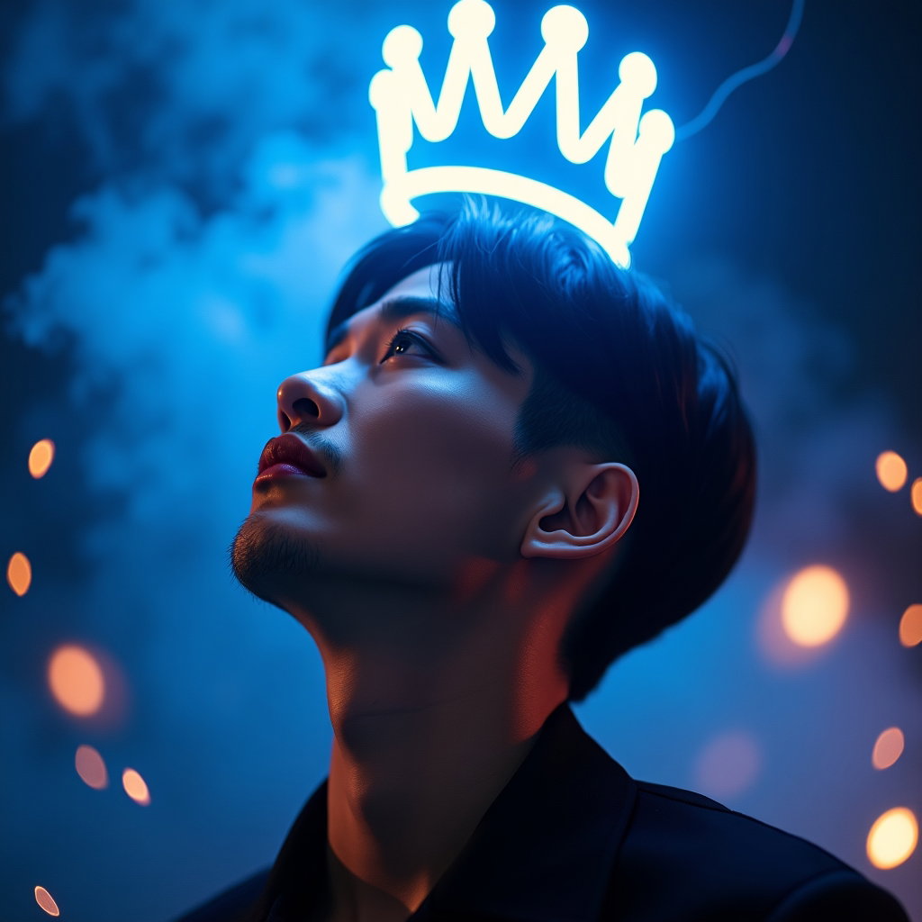 Neon Stage Warrior Close-Up example: Cinematic K-pop fantasy portrait photo. Square profile-avatar crop with the face filling most of the frame, the subject