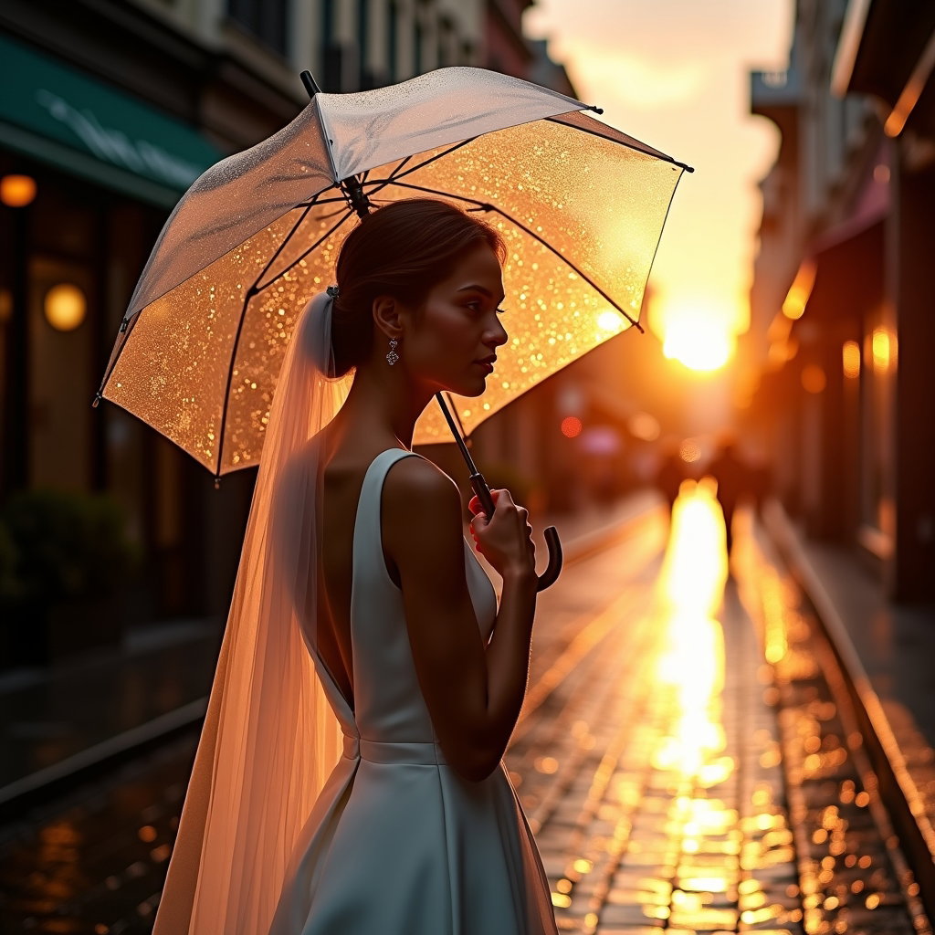 AI-generated photo: Photorealistic wedding photography: after-the-rain city street at sunset with wet cobblestones refle...