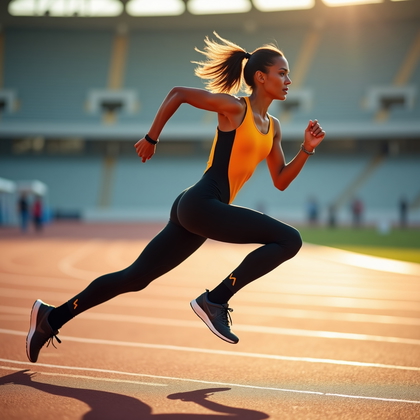AI-generated photo: Photorealistic fashion sports photography of a mid-stride action shot on an outdoor Olympic track, t...