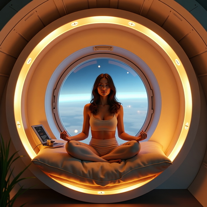 AI-generated photo: Photorealistic lifestyle space photography, a person floating cross-legged in a meditation nook carv...