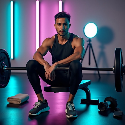 AI-generated photo: Photorealistic fitness photography — In a modern, neon-accented studio, a barbell is padded for hip ...