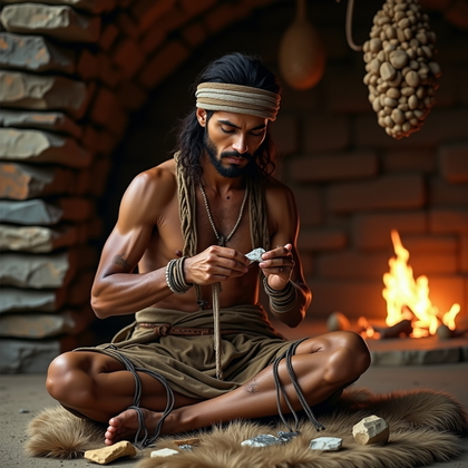 AI-generated photo: Photorealistic fashion-editorial photoshoot on a stylized set that resembles a stone shelter, with s...