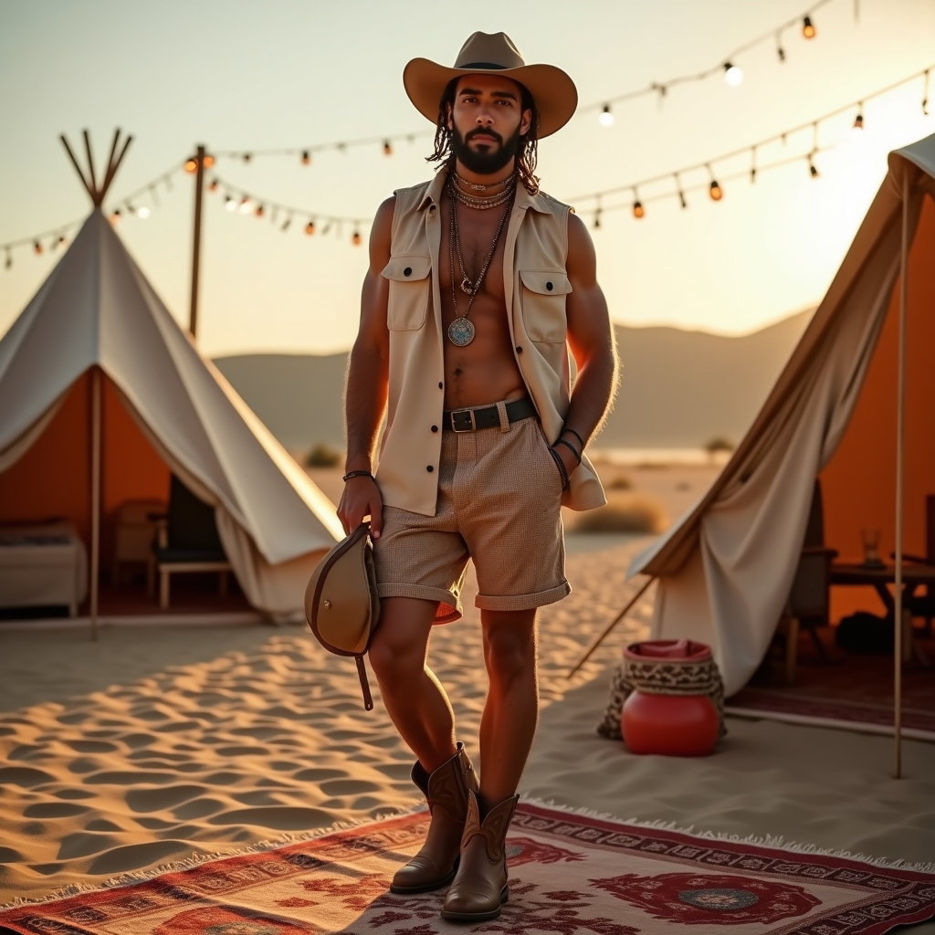 Full-Body Outfit Reveal Pose example: Photorealistic fashion photography. Environmental full-body portrait in a stylish festival campsite lounge, with the sub