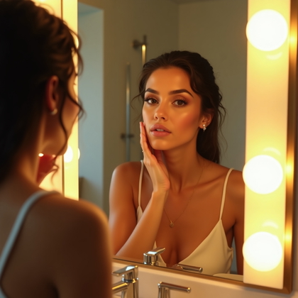 AI-generated photo: Photorealistic beauty portrait photograph in a high-end bathroom vanity scene, where the subject sta...