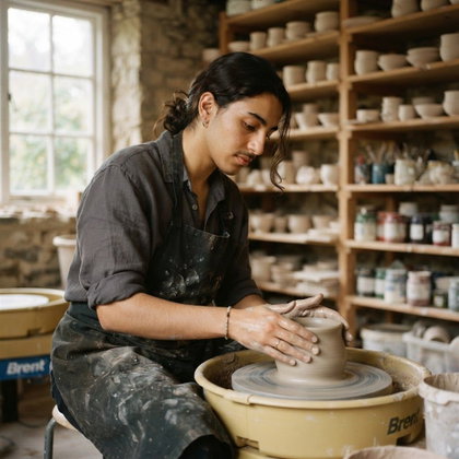 A single subject sits at a pottery wheel in a quiet ceramics studio, hands shaping a clay vessel. A canvas apron covers a rolled-sleeve shirt; shelves of unfinished pieces line the wall. Diffused morning light enters through a side window; close three-quarter portrait, warm documentary photography.