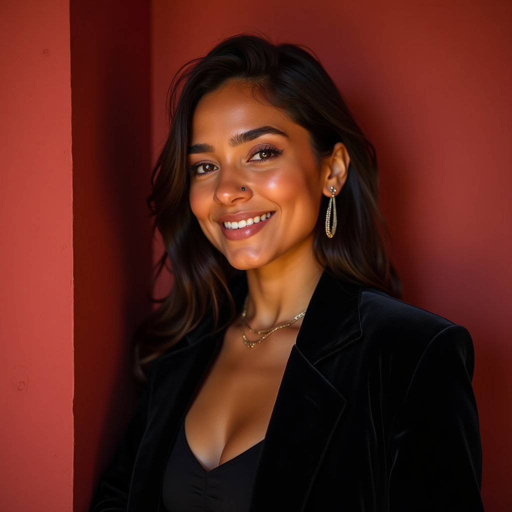 Simple Crimson Wall Half-Body Portrait example: Dating profile photo. Close-up portrait against a smooth crimson wall, with the subject angled slightly toward the light