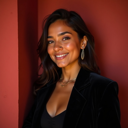 Simple Crimson Wall Half-Body Portrait example: Dating profile photo. Close-up portrait against a smooth crimson wall, with the subject angled slightly toward the light