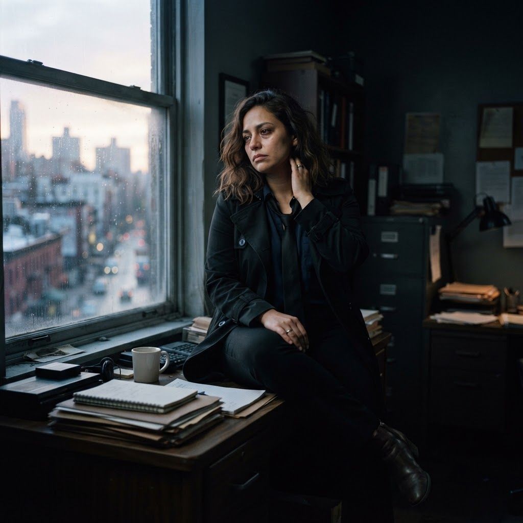 Dawn After The Case: A cinematic personal photo inside a small office at first light, the subject seated on the edge of a desk beside a tall window, coat draped…