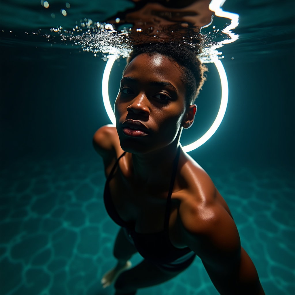 AI-generated photo: Photorealistic underwater portrait photography, the subject floats diagonally in a luxury indoor poo...