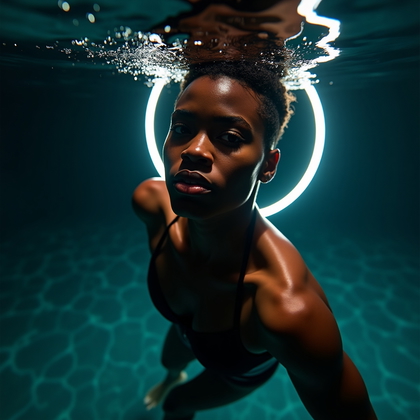 AI-generated photo: Photorealistic underwater portrait photography, the subject floats diagonally in a luxury indoor poo...