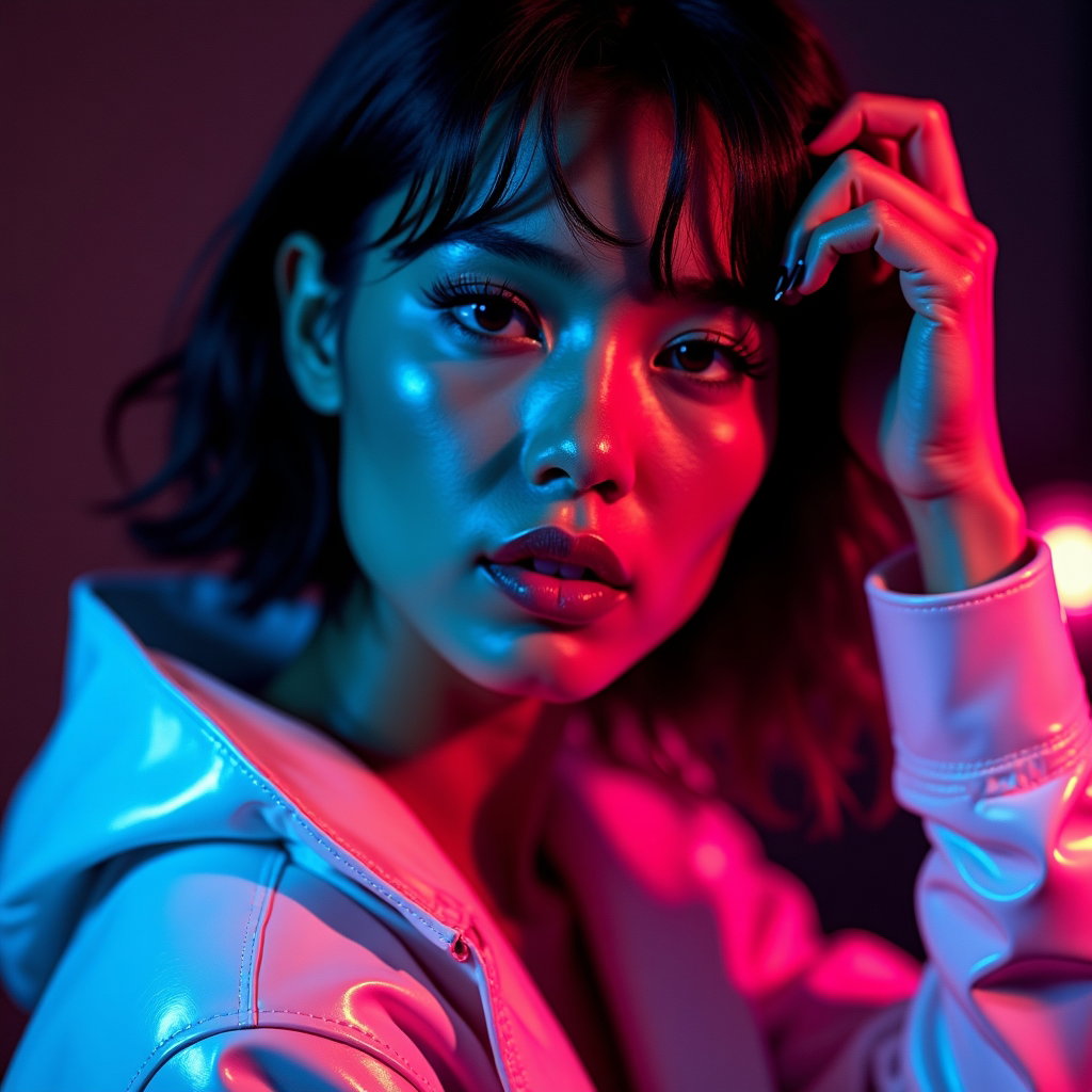 Motion-Based Dance Pop Album Cover Photos example: Photorealistic dance-pop album cover photo. Close-up portrait with the face clearly visible as the subject turns through
