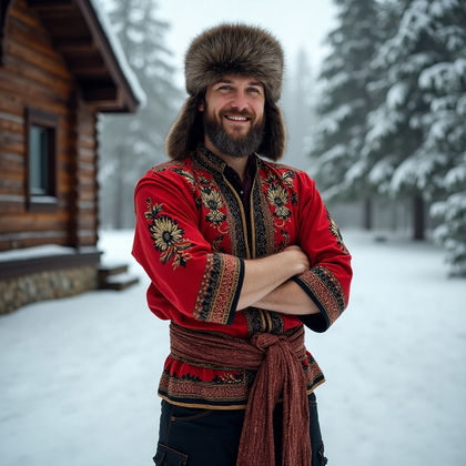 AI-generated photo: Cultural Attire Portrait featuring a man in a traditional Russian folk costume, comprising an elabor...