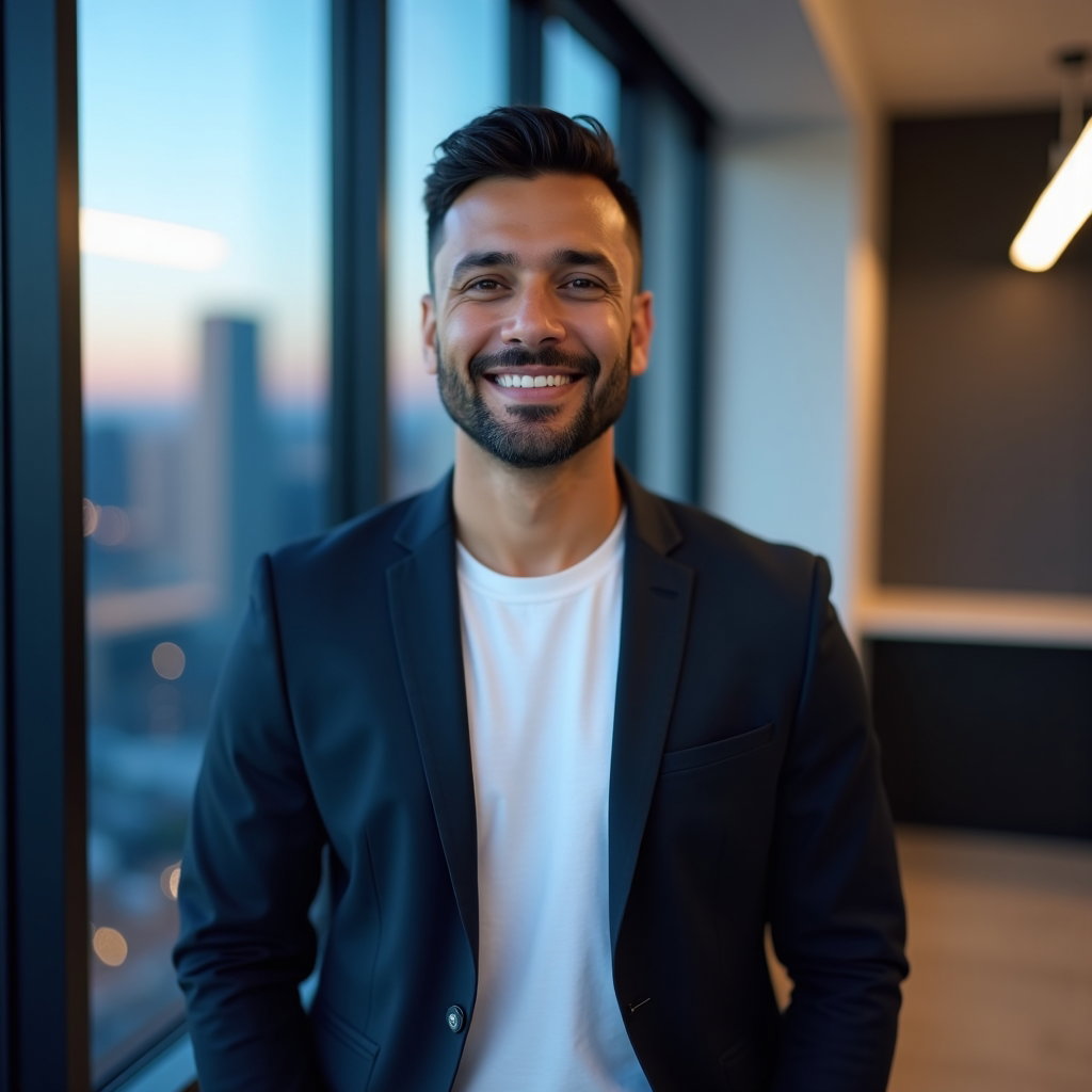 AI-generated photo: Professional headshot photograph with a city skyline at early-morning blue hour softly defocused thr...