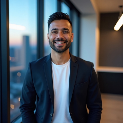 AI-generated photo: Professional headshot photograph with a city skyline at early-morning blue hour softly defocused thr...