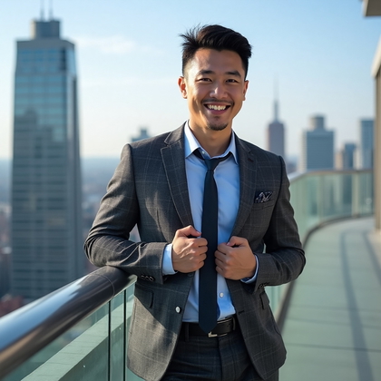 AI-generated photo: Lifestyle photo capturing a man in a charcoal gray suit, its fabric showing a fine, subtle plaid pat...