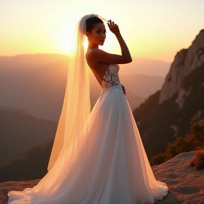 AI-generated photo: Photorealistic wedding photography: mountaintop overlook at sunset with sweeping valley haze, the br...