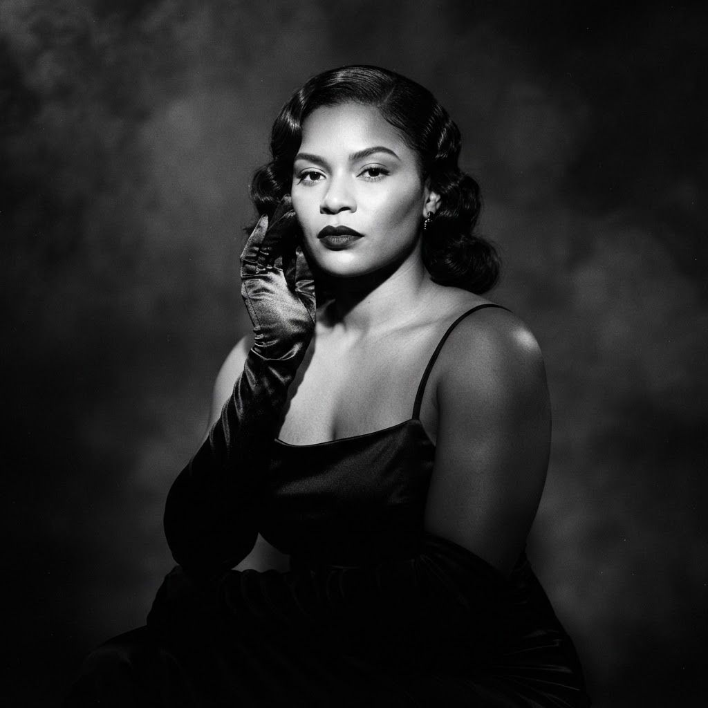 Femme Fatale Gaze: Photorealistic black-and-white three-quarter portrait of one subject in a fitted satin evening dress, dark lipstick, and long black opera…