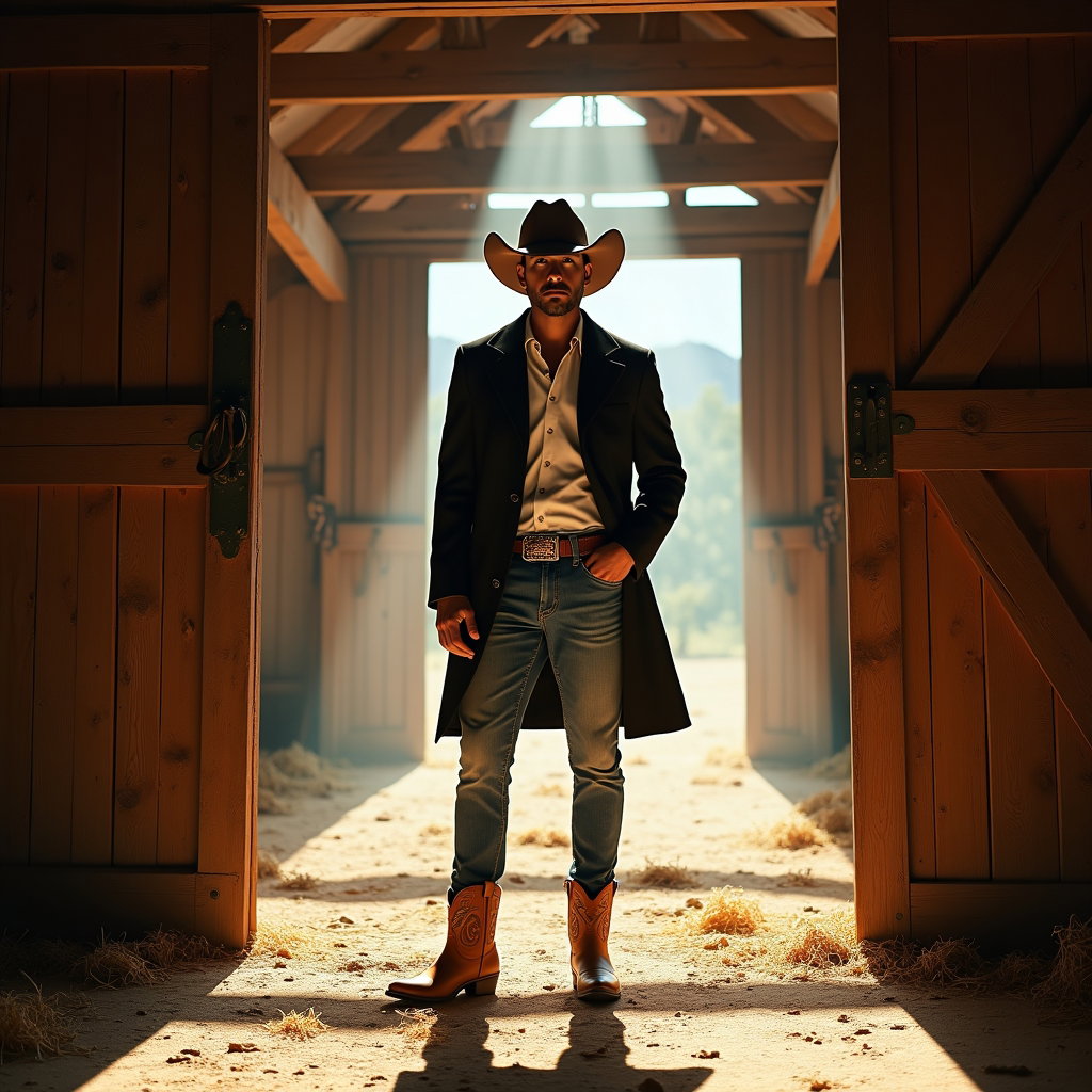 AI-generated photo: Photorealistic fashion portrait photography. A striking barn doorway fashion portrait composed with ...