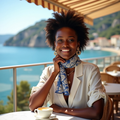 Close-Up Riviera Beauty Portraits With Sunglasses, Scarves, or Windblown Hair example: Photorealistic portrait photography. Half-body portrait at a café terrace overlooking the Riviera, with one hand lightly